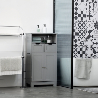 Kleankin Móvel de Banheiro com 2 Gavetas Compartimento Armário com Porta Prateleira Ajustável 60x30x109 cm Cinza