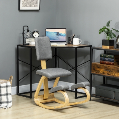 HOMCOM Assento de Joelhos Assento Ergonômico de Madeira Balançante com Encosto Cadeira de Joelhos para Escritório em Casa Cinza