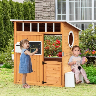 Outsunny Cabana de Jogo para Criança Casa de Jardim em Madeira Porta e Janelas Banco Caixa de Correio Quadro de 3-8 Anos