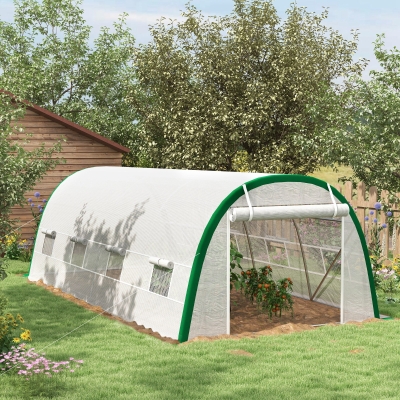 Outsunny Estufa de Jardim Tunnel 18 ㎡ 6x3x2 m 8 Janelas Porta com Zíper Enrollable Aço Galvanizado Lona PP Branco