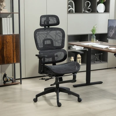 HOMCOM Cadeira de Escritório Cadeira de Escritório Ergonômica em Malha com Braços 3D Encosto Reclinável 66x64x122 cm Preto