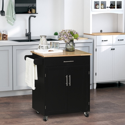 HOMCOM Carrinho de Cozinha em Rodízios Carrinho de Serviço Ilha de Cozinha com Gaveta de Armário e Panos de Prato 83x45x91,5 cm Preto