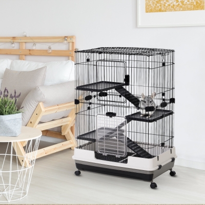 Pawhut Gaiola de 3 Andares em Metal para Roedores Coelhos e Furões com Bandeja e 4 Rodas 81,2x52,7x114 cm Preto