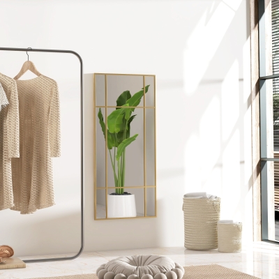 HOMCOM Espelho de Parede Vitral Retangular Estilo Janela Horizontal ou Vertical com 4 Ganchos em Metal Dourado 110x50 cm
