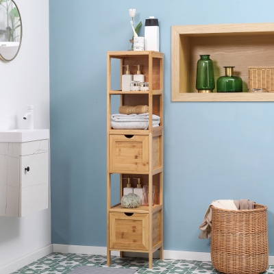 Kleankin Coluna de Arrumação Casa de Banho em Bambu 2 Gavetas Amovíveis e 3 Prateleiras 30x30x140 cm Natural