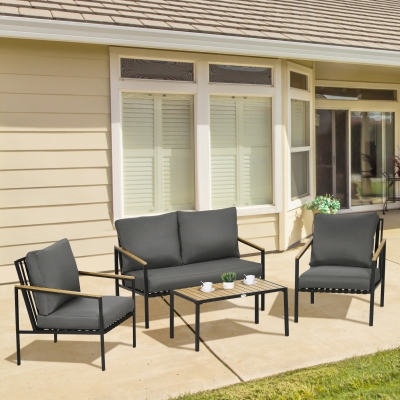 Outsunny Conjunto Móveis de Jardim 4 Peças 4 Pessoas com Sofá de 2 Lugares Poltronas e Mesa de Centro 8 Almofadas Preto Cinza Escuro