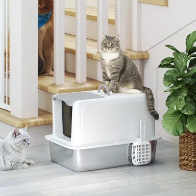 Pawhut Caixa de Areia para Gatos Bandeja em Aço Inoxidável Filtro Pá para Gatos Até 6 Kg 40,5x60,5x41,5 cm Branco Prateado