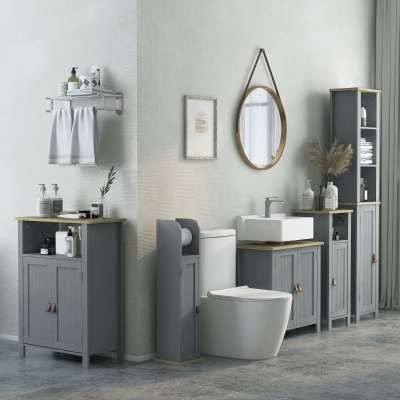 Kleankin Móvel Sob Lavatório 2 Portas Prateleira Ajustável 2 Andares Interiores Pegas em PU 60x30x60 cm Cinza