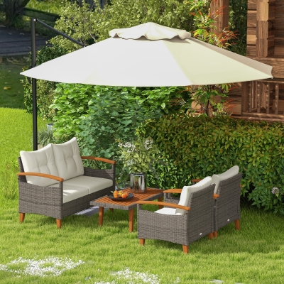 Outsunny Conjunto de Móveis de Jardim 4 Peças em Vime PP Sofá 2 Lugares 2 Cadeiras Almofadas e Tampo em Madeira de Acácia Creme