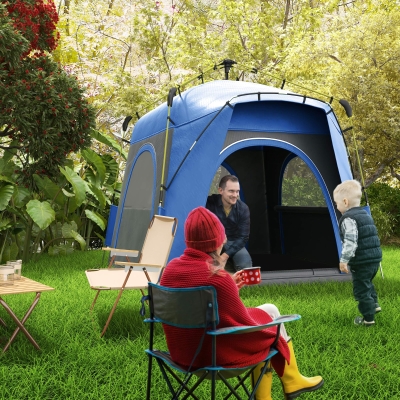 Outsunny Tenda de Acampamento Familiar para 4 Impermeável Ventilada Pop-Up Janelas 2,4x2,4x1,99 m Fibra de Vidro Poliéster Cinza Azul