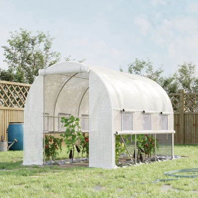 Outsunny Estufa de Jardim Túnel Estufa Túnel 6 ㎡ com 6 Janelas Porta Enrolável Lona PP Estrutura em Aço Galvanizado Branco