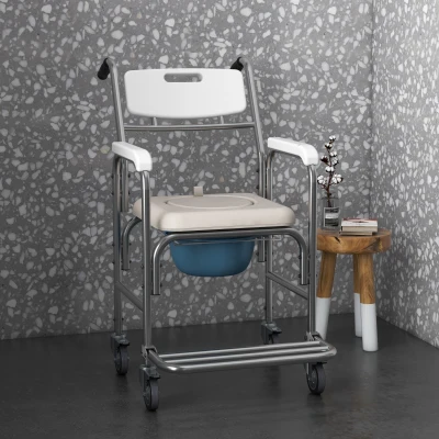 HOMCOM Cadeira de Rodas com Suporte para Necessidades Fisiológicas Cadeira de Banho Balde Removível Cromado HDPE Branco