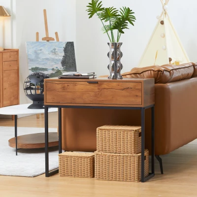 HOMCOM Mesa de Console Mesa de Console com Gaveta e Pés de Aço para Sala de Estar Entrada Corredor 80x30x76 cm Marrom