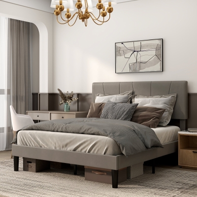 HOMCOM Estrado de Cama de Casal 140x190 cm Cama de Casal Cabeceira Ajustável Sommier 150x198x100/105/110/115/120 cm Cinza