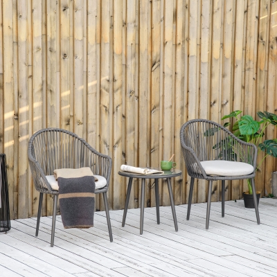 Outsunny Conjunto de Jardim Salão de Jardim em Vime Estrutura de Aço 2 Cadeiras 1 Mesa de Café Almofadas Incluídas Cinza