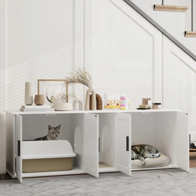 Pawhut Caixa de Gato com Porta e Divisória para Gatos Grandes 145x49x51 cm Branco