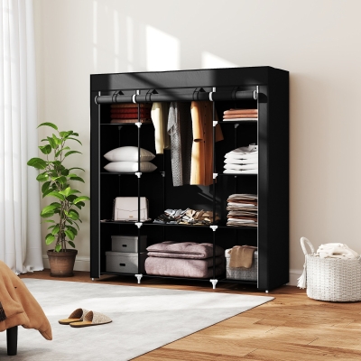 HOMCOM Armário de Armazenamento Guarda Roupa de Tecido Dobrável com Barra de Suspensão e Prateleiras 150x43x162,5 cm Preto