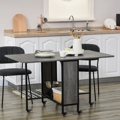 HOMCOM Mesa Dobrável de Cozinha Extensível para Sala de Jantar em Rodízios para Até 6 Pessoas com Prateleira Integrada 6 Rodas Cinza