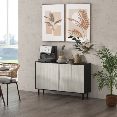HOMCOM Aparador de Cozinha Móvel de Armazenamento 2 Armários com Prateleiras Ajustáveis 121x37x75 cm Preto e Aspecto de Madeira Cinza