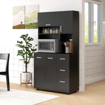 HOMCOM Armário de Cozinha Multi Rangamentos 4 Portas 3 Gavetas Prateleira Grande Bancada 89x39,5x168 cm Preto