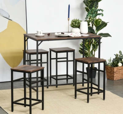 HOMCOM Conjunto Mesa de Bar Industrial 4 Bancos com descanso para Os Pés em Madeira Cor Carvalho Estrutura em Metal Preto