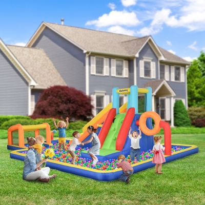 Outsunny Castelo Inflável para Crianças 3-8 Anos com Escorregador Parede Gol e Cesta em Tecido Oxford 590x460x220 cm