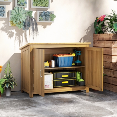 Outsunny Armário de Jardim em Madeira Abrigo de Jardim Exterior com Teto Inclinado 2 Prateleiras e 2 Portas 110x50x85 cm Marrom