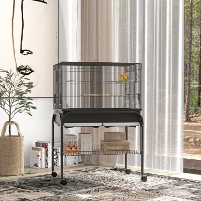 Pawhut Grande Gaiola para Pássaros Gaiola para Periquitos Suporte Rodas para Catatuas Periquitos Canários Araras 85x49x119 cm Preto