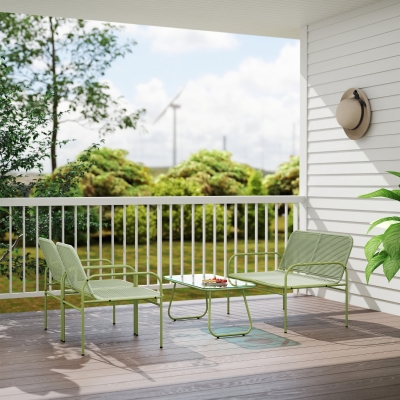 Outsunny Conjunto de Sala de Jardim Exterior em Vime Sintético 4 Lugares Sofá 2 Lugares 2 Cadeiras Mesa em Vidro em Aço Verde