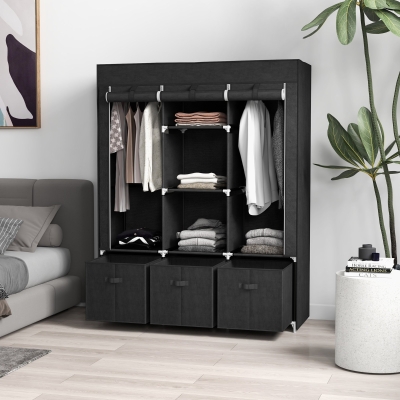 HOMCOM Guarda Roupa de Tecido Dobrável com 5 Prateleiras 2 Varões e 3 Gavetas em Tecido 125x43x162,5 cm