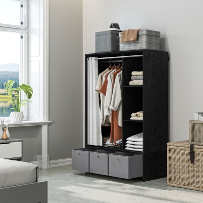 HOMCOM Armário de Roupas Armário de Armazenamento com Barra Cortina 3 Nichos e 3 Gavetas de Tecido Removíveis 105x48x160 cm