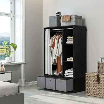 HOMCOM Armário de Roupas Armário de Armazenamento com Barra Cortina 3 Nichos e 3 Gavetas de Tecido Removíveis 105x48x160 cm
