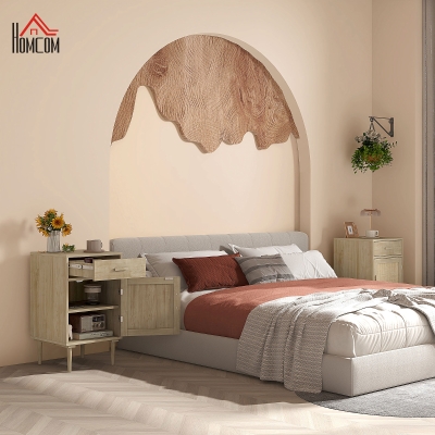 HOMCOM Mesa de Cabeceira com Armário e Prateleira Porta em Vime Trançado 1 Gaveta estilo Boêmio 40x40x68,5 cm Natural