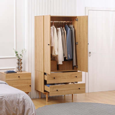 HOMCOM Armário de Roupas Armário de Armazenamento Guarda Roupas com 2 Portas 2 Gavetas e Cabide 80x52x180 cm Visual de Madeira