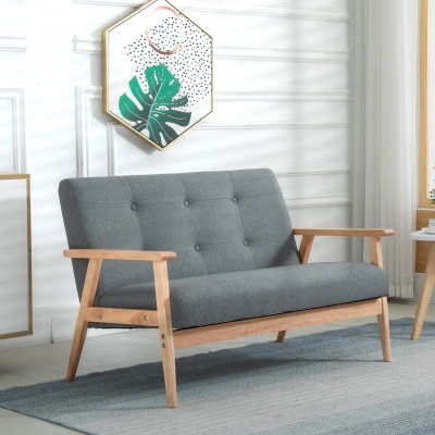 HOMCOM Sofá de 2 Lugares Estilo Escandinavo com Braços Pés de Madeira 115x66,5x73 cm Cinza