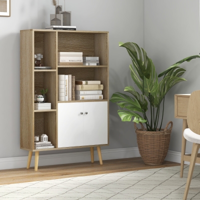 HOMCOM Estante de Estilo Escandinavo Móvel de Arrumação 80x23,5x123 cm 5 Nichos Armário com 2 Portas Pés Inclinados