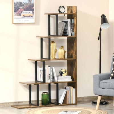 HOMCOM Estante de Biblioteca Separadora Estilo Industrial em Escada 5 Prateleiras 102x30x160 cm Cor Marrom Rústico