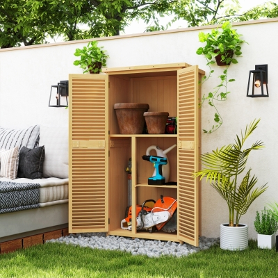 Outsunny Armário de Jardim em Madeira com 4 Prateleiras e Porta de Persiana 87x46,5x160 cm Amarelo e Verde