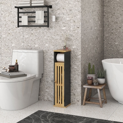 HOMCOM Móvel de Banheiro com Suporte para Papel Higiênico Armazenamento com Barra Removível 2 Níveis Saída de Papel MDF Bambu