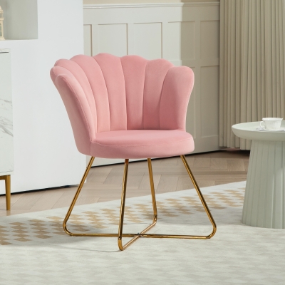 HOMCOM Cadeira Moderna Ergonômica com Encosto em Pétala de Veludo Rosa e Pernas Cruzadas em Ouro 69x64x80 cm