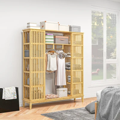 HOMCOM Armário de Bambu com 2 Portas de Correr Prateleiras e Barra Grande Armário para O Quarto 145x35x165 cm
