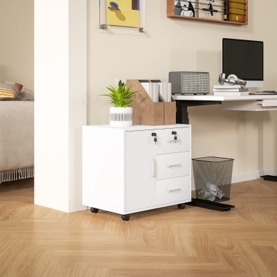 HOMCOM Caixão de Escritório Móvel de Armazenamento Trancável com 3 Gavetas e Prateleira Ajustável Rodízios 40x60x56 cm Branco