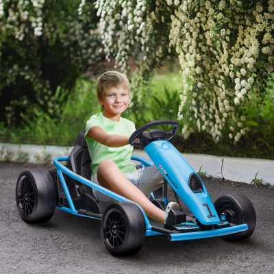 HOMCOM Kart Elétrico Infantil Função de Drift Buzina Música Cinto de Segurança Partida Suave Azul Preto