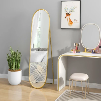 HOMCOM Grande Espelho de Pé Espelho Oval Moldura em Metal Dourado com Suporte para Hall de Entrada Quarto Closet 40x160 cm