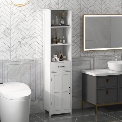 Kleankin Móvel de Banheiro Coluna com 3 Compartimentos Abertos Gaveta e Prateleira Ajustável 40x30x164 cm Branco