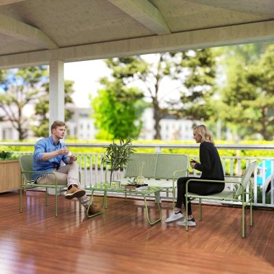 Outsunny Conjunto de Sala de Jardim Exterior em Vime Sintético 4 Lugares Sofá 2 Lugares 2 Cadeiras Mesa em Vidro em Aço Verde