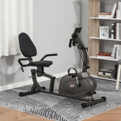 HOMCOM Bicicleta Elíptica Semi Reclinada Magnética de Fitness Tela LCD Multifuncional Sela Ajustável Faixas de Resistência Aço Preto