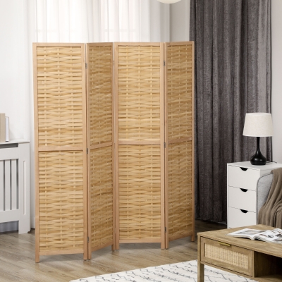 HOMCOM Biombo em Madeira Separador de Ambientes Biombo de Separação Dobrável 4 Painéis em Bambu 160x170 cm Natural Claro
