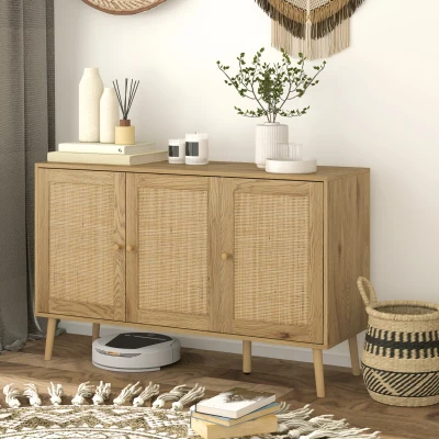 HOMCOM Buffet de Sala Móvel de Armazenamento com Armários de Vime e Prateleira Ajustável Madeira Natural