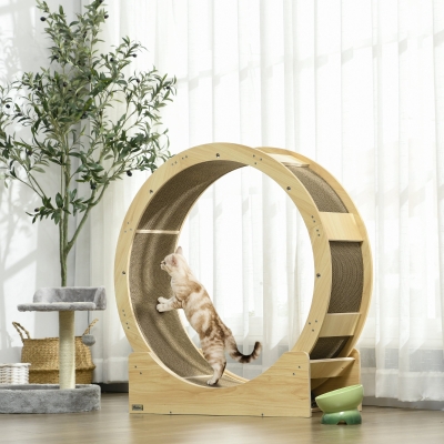 Pawhut Roda de Corrida para Gatos de Interiores Esteira com Freio Almofadas de Arranhar Diâmetro 91 cm Natural